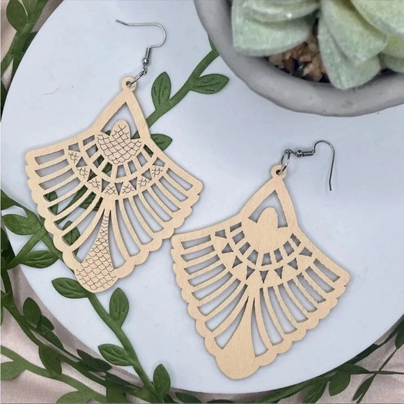 Boho Wooden Statement Earrings | Lightweight Carved Dangle Jewelry - Picture 3 of 3